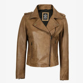 Women's Camel Brown Biker Style Lambskin Leather Jacket