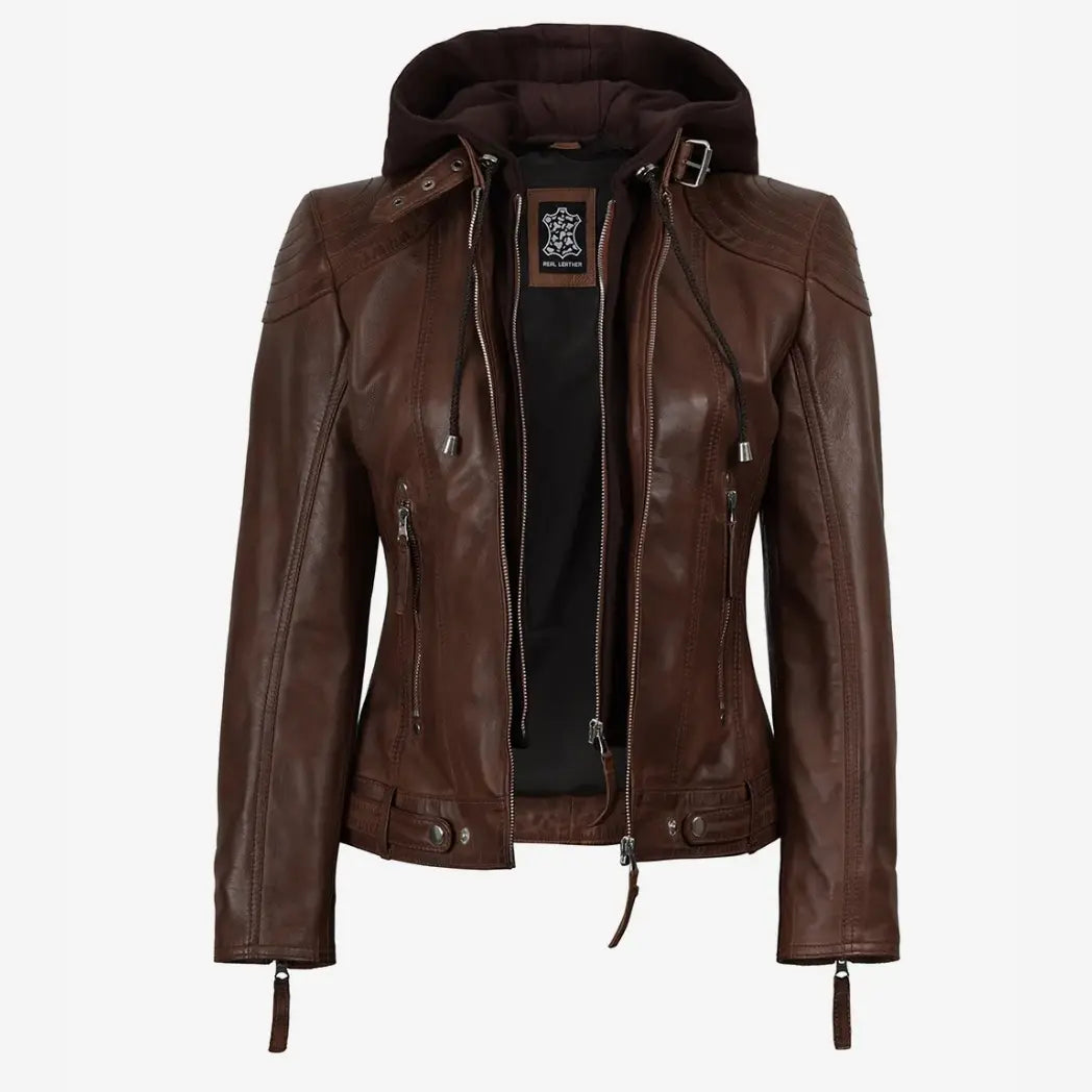 Women’s Cognac Brown Lambskin Hooded Leather Jacket