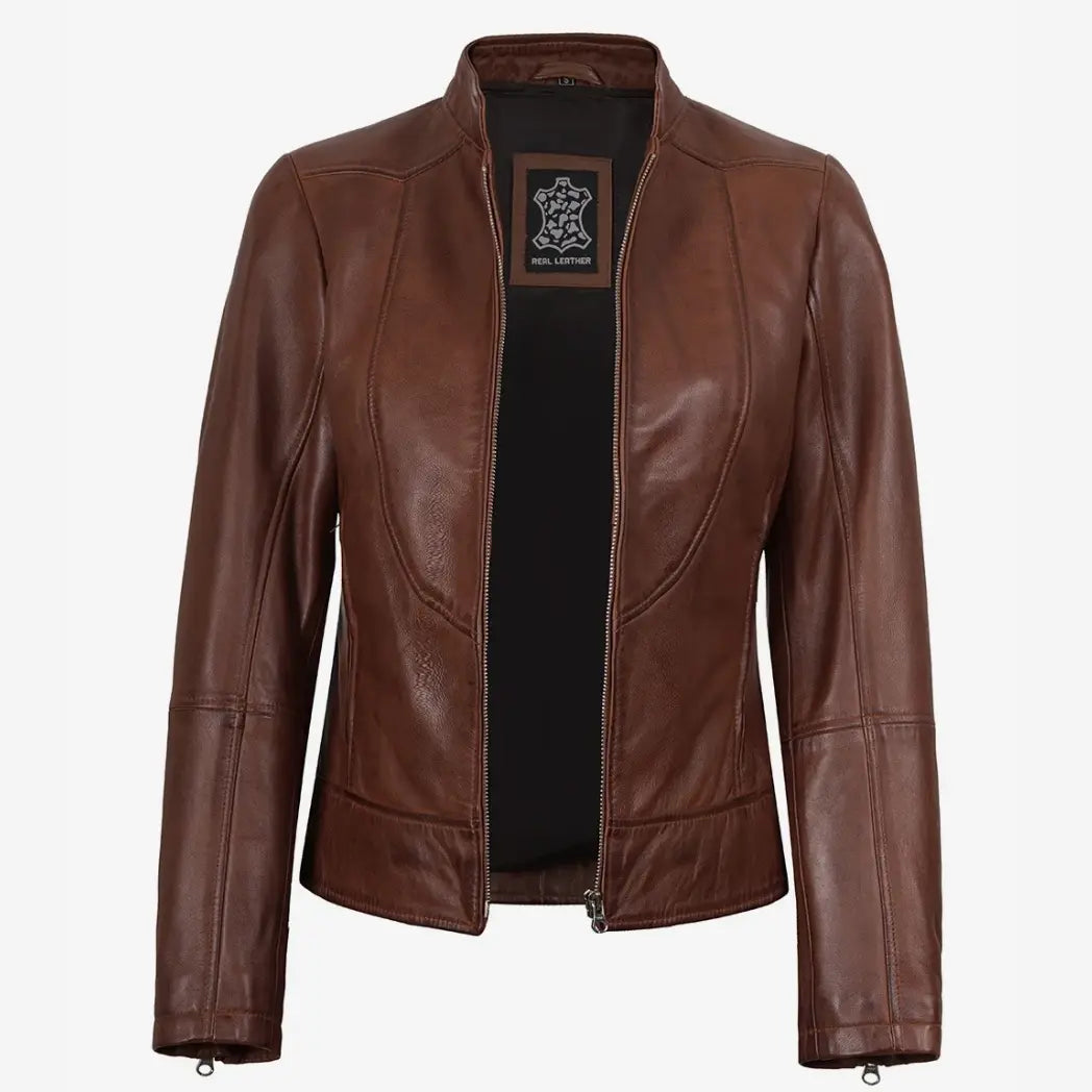 Women's Cognac Lambskin Leather Biker Style Jacket