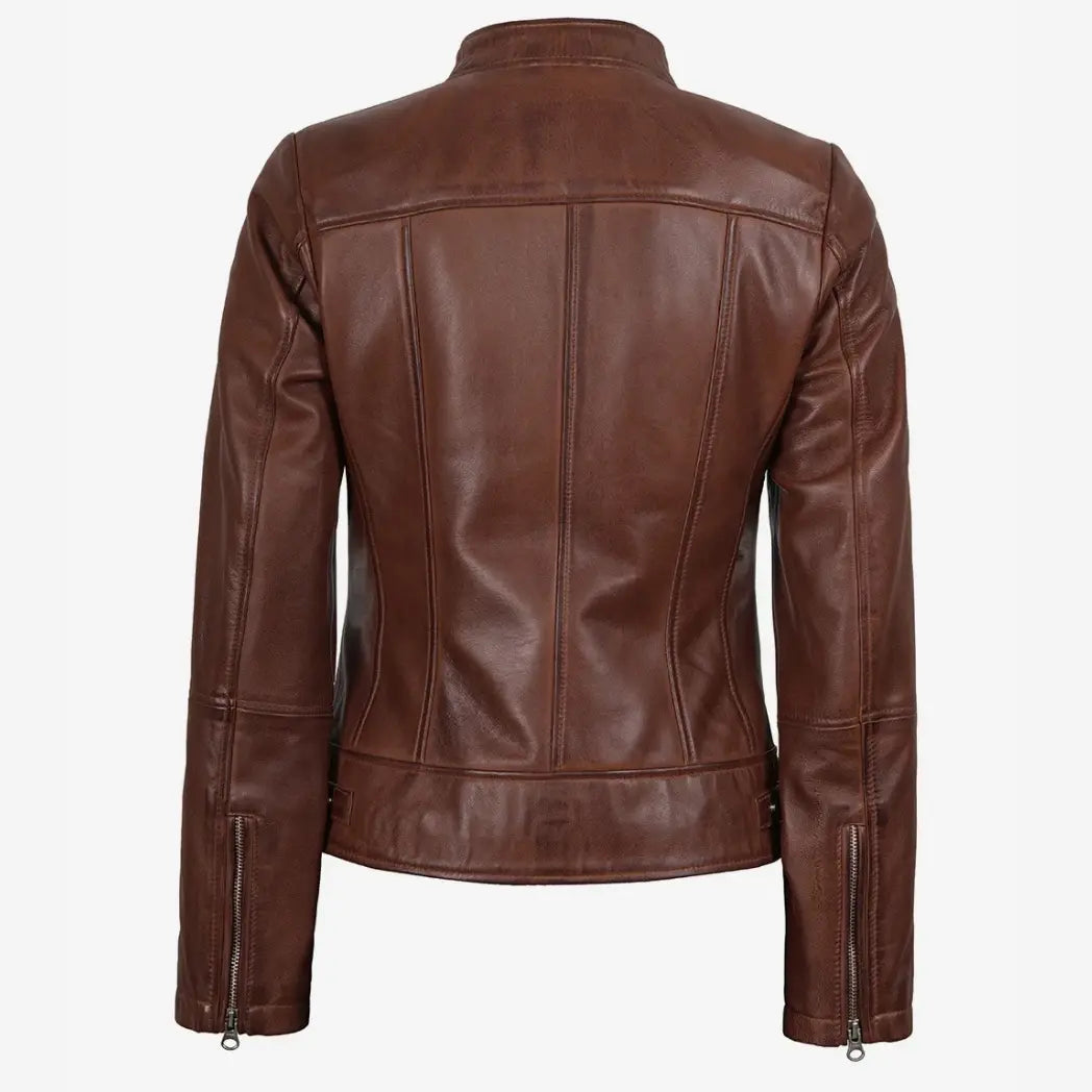 Women's Cognac Lambskin Leather Biker Style Jacket