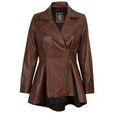 Women's Cognac Peplum Leather Jacket with Asymmetrical Zip Closure