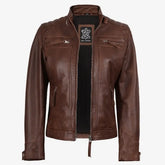 Women's Cognac Quilted Shoulder Leather Biker Style Jacket