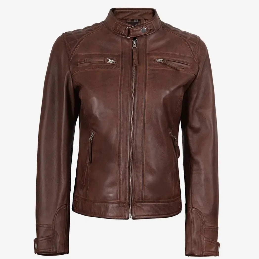 Women's Cognac Quilted Shoulder Leather Biker Style Jacket
