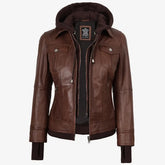 Women's Cognac Real Lambskin Leather Bomber Jacket With Removable Hood
