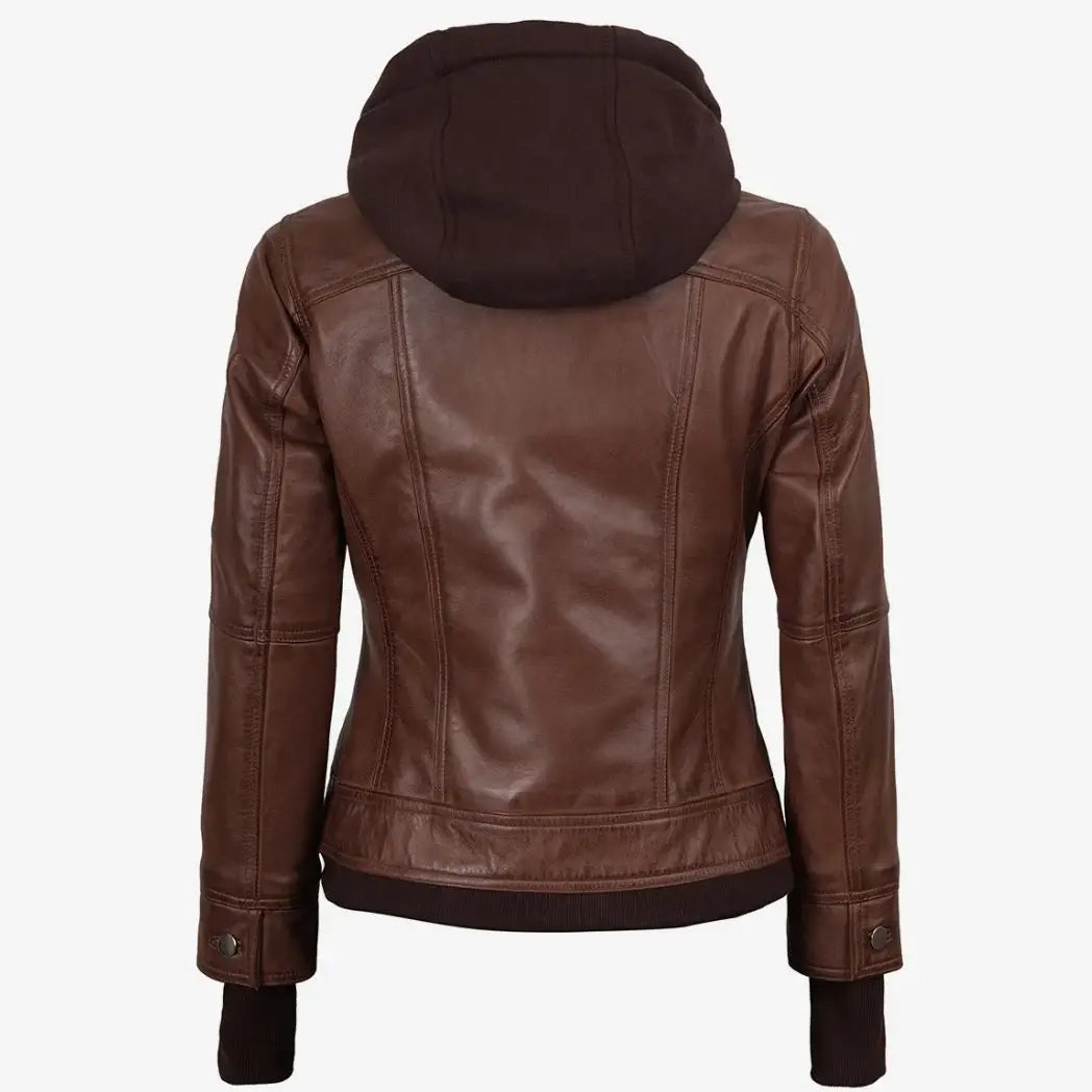Women's Cognac Real Lambskin Leather Bomber Jacket With Removable Hood