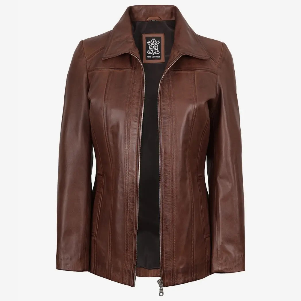 Women's Cognac Real Lambskin Leather Car Coat
