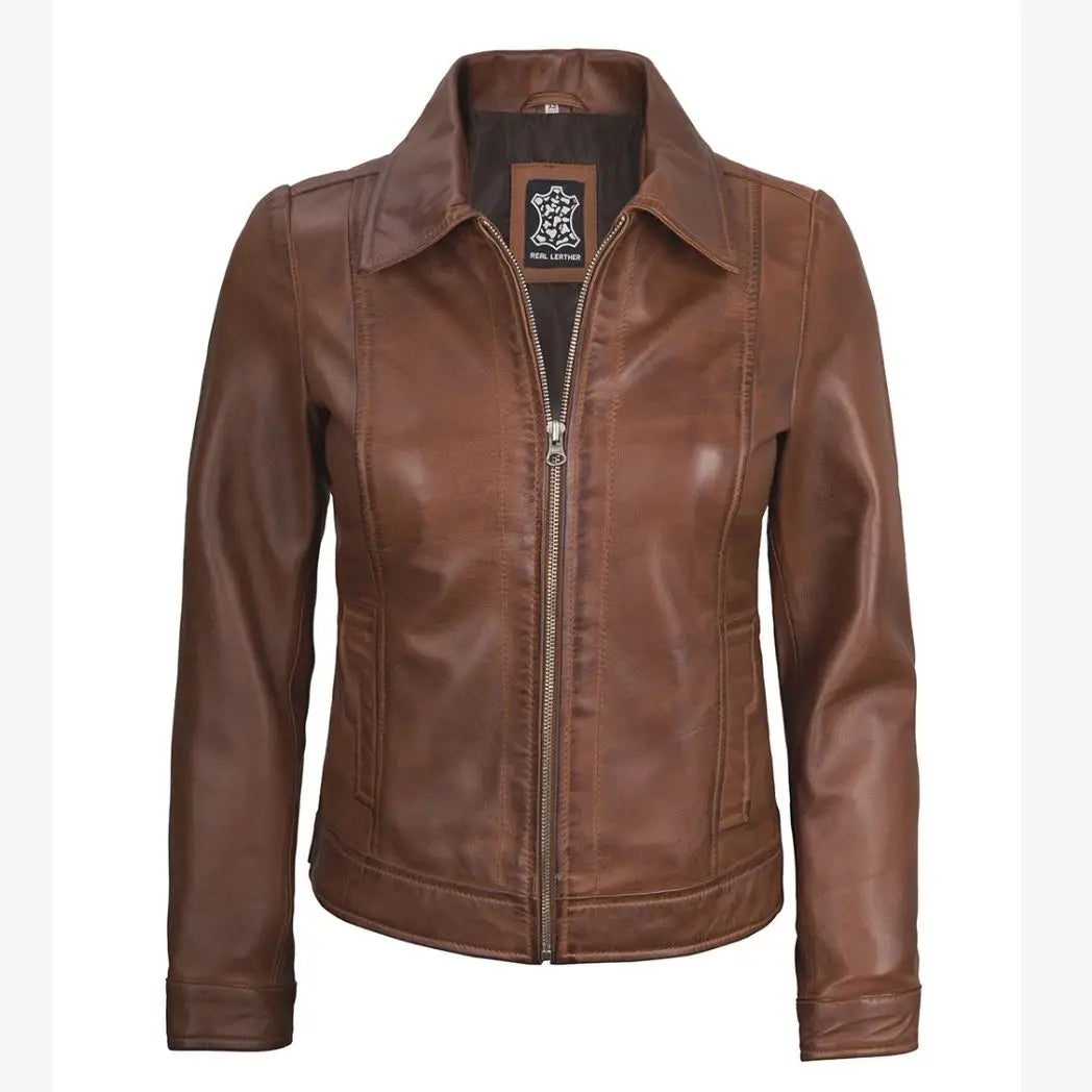 Women's Cognac Real Lambskin Leather Jacket