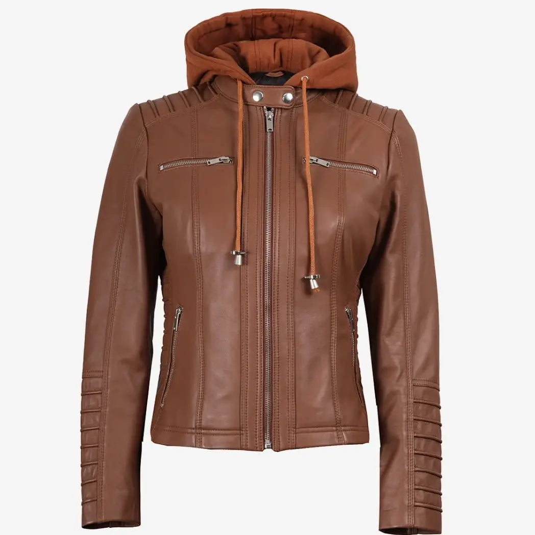 Women's Cognac Real Lambskin Leather Jacket with Removable Hood