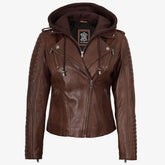 Women's Cognac Real Leather Jacket with Removable Hood