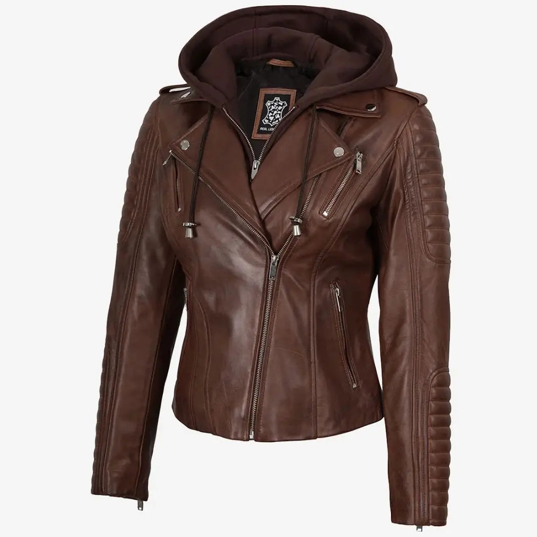 Women's Cognac Real Leather Jacket with Removable Hood
