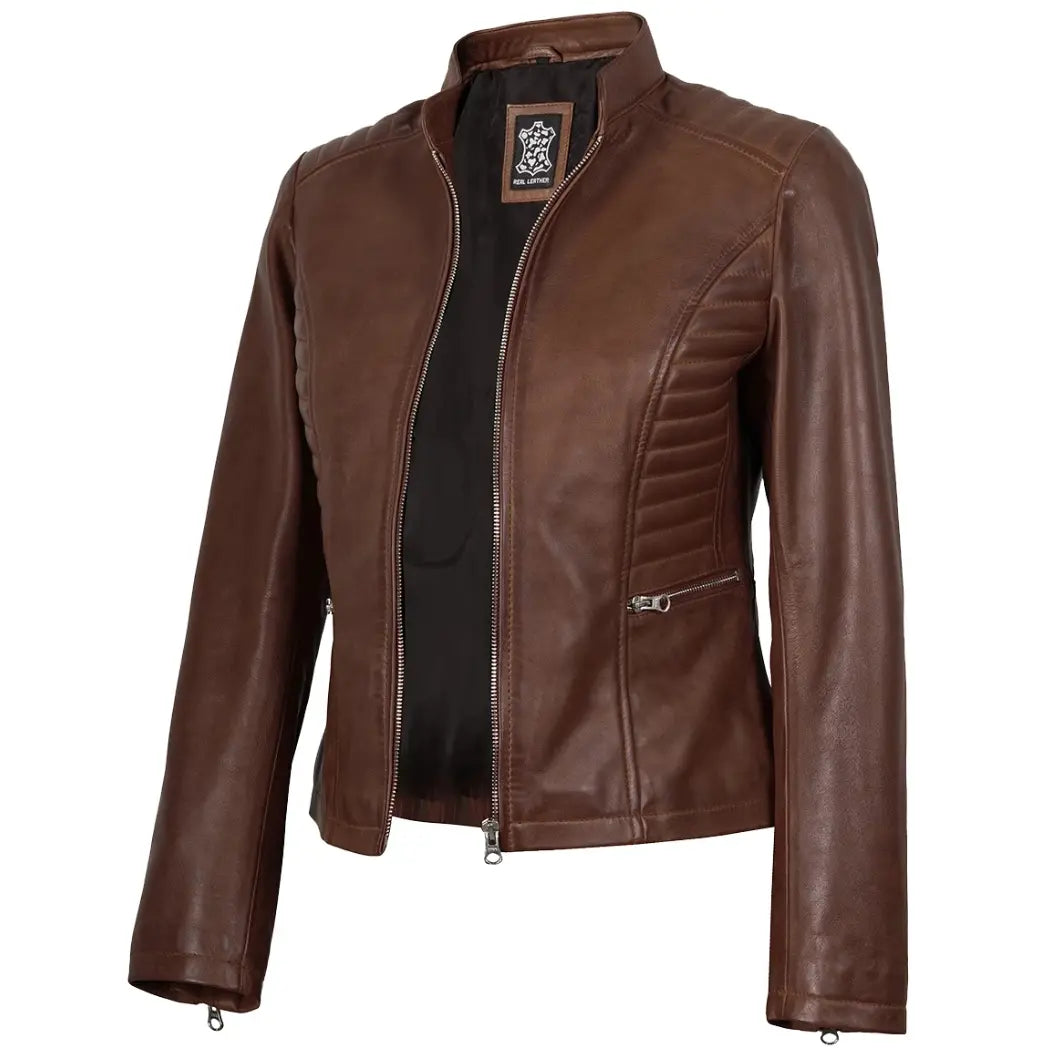 Women's Cognac Waxed Biker Style Real Leather Jacket