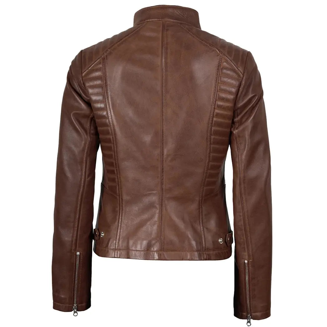 Women's Cognac Waxed Biker Style Real Leather Jacket