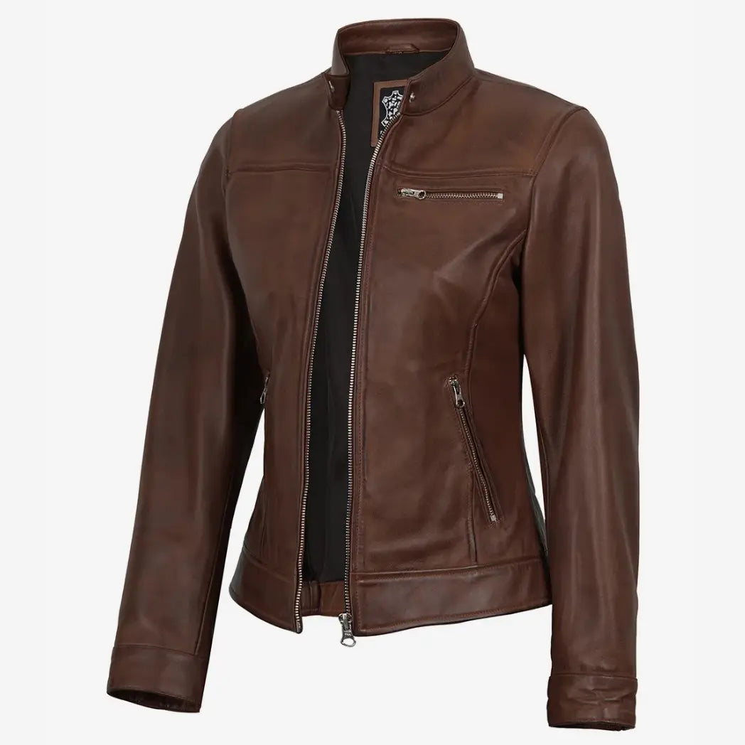 Women's Cognac Waxed Lambskin Biker Style Leather Jacket