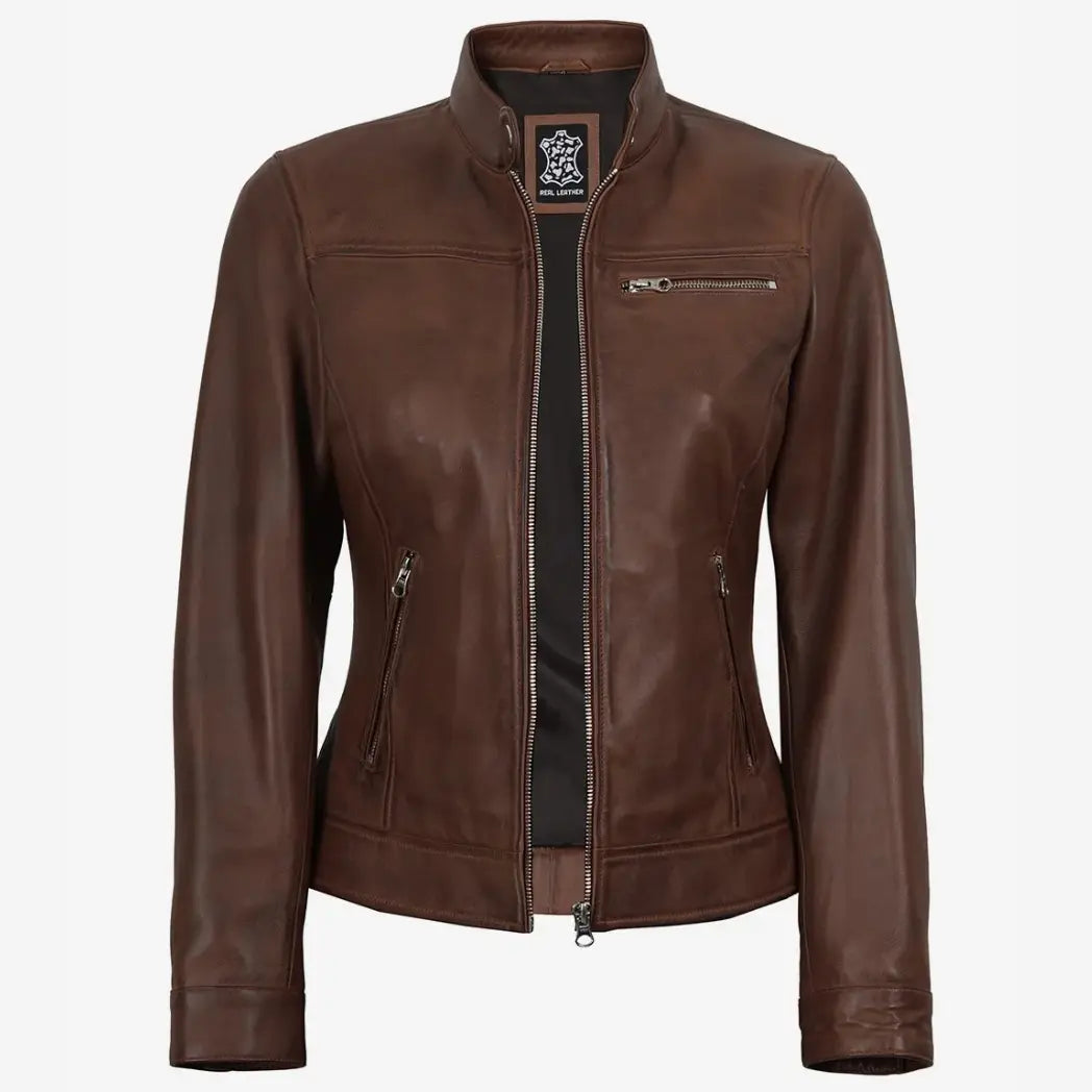 Women's Cognac Waxed Lambskin Biker Style Leather Jacket