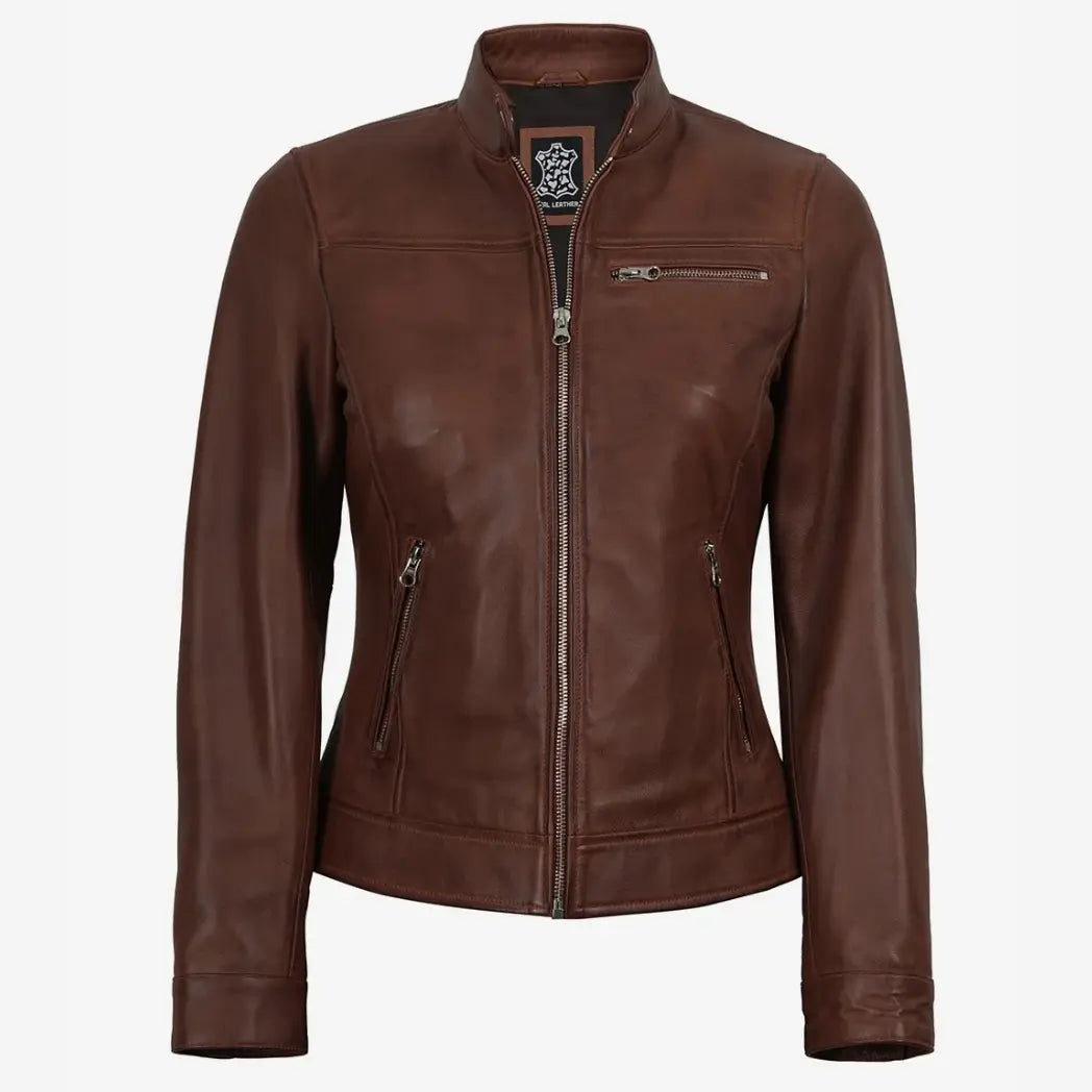 Women's Cognac Waxed Lambskin Biker Style Leather Jacket