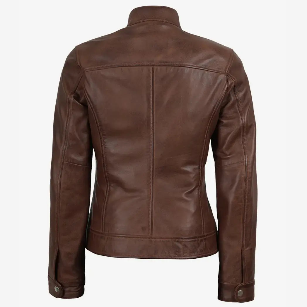 Women's Cognac Waxed Lambskin Biker Style Leather Jacket