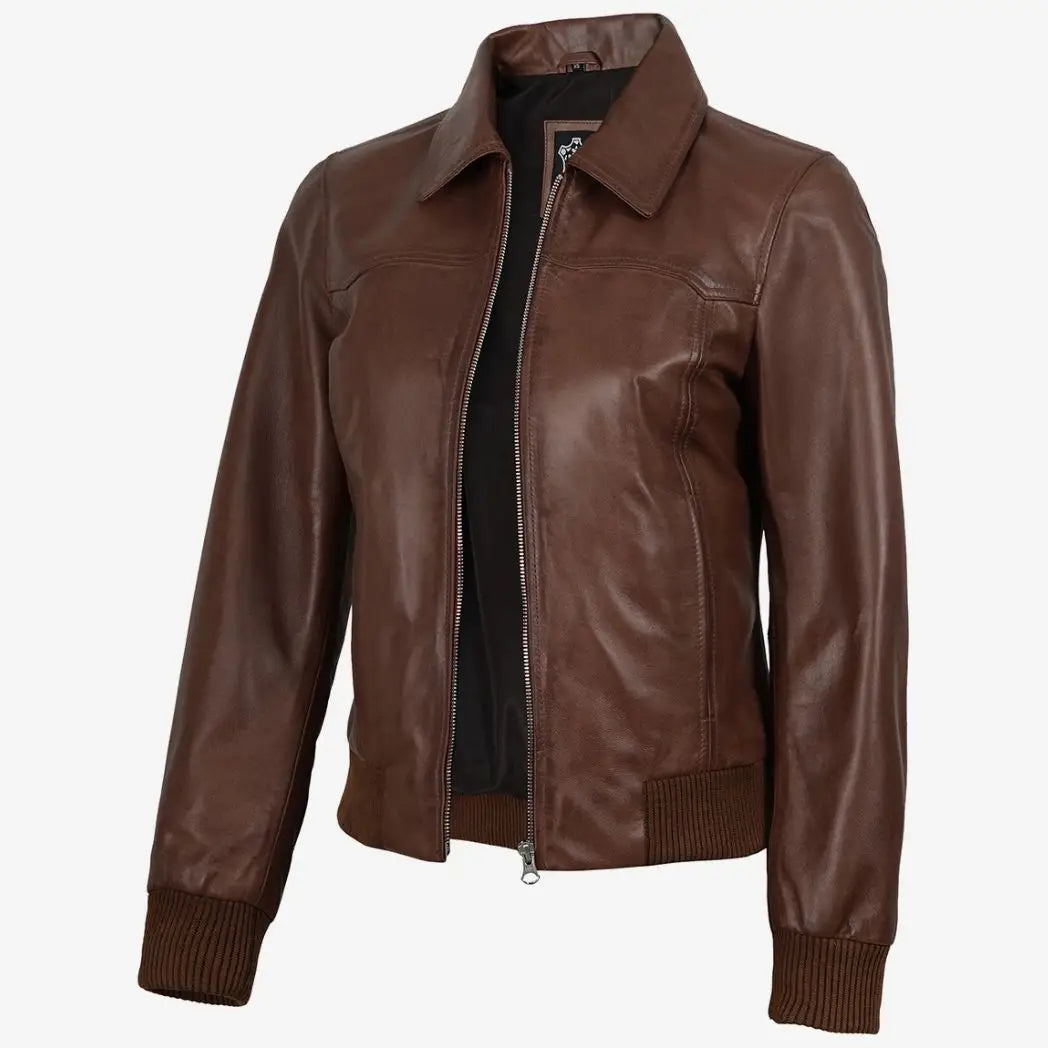 Women's Cognac Waxed Leather Bomber Jacket with Shirt Collar
