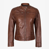Women's Cognac Waxed Real Leather Biker Style Jacket