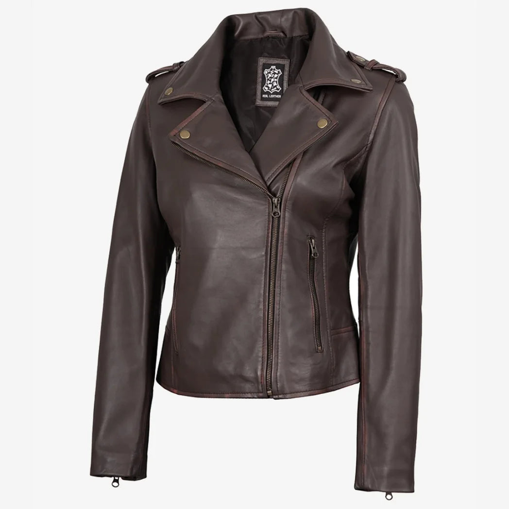 Women's Dark Brown Asymmetrical Biker Style Leather Jacket