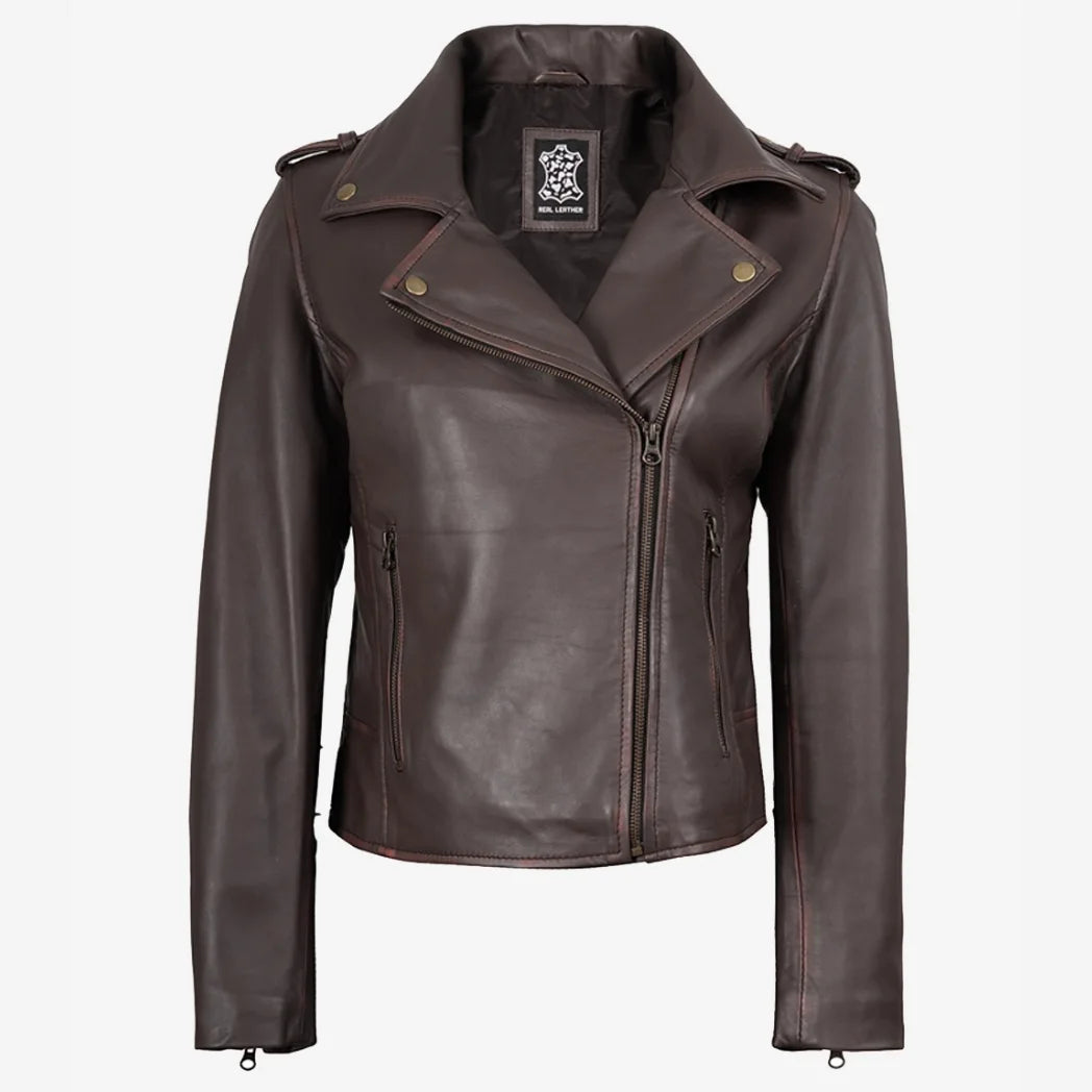 Women's Dark Brown Asymmetrical Biker Style Leather Jacket