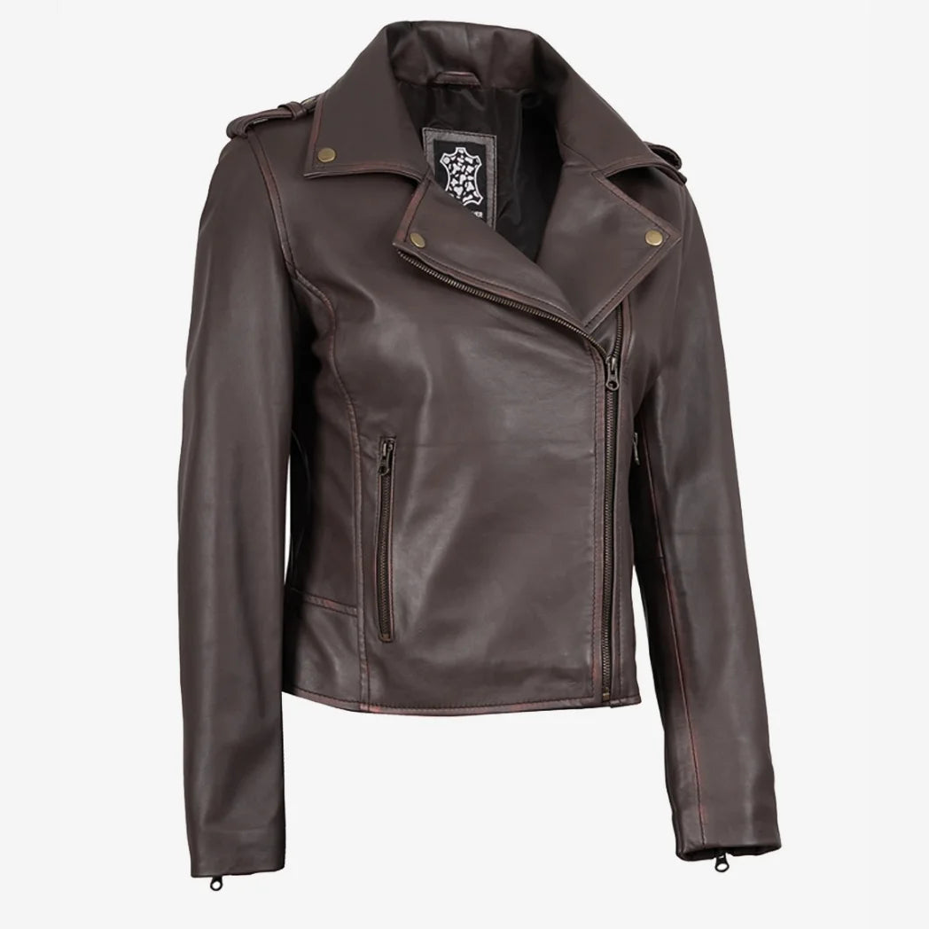 Women's Dark Brown Asymmetrical Biker Style Leather Jacket