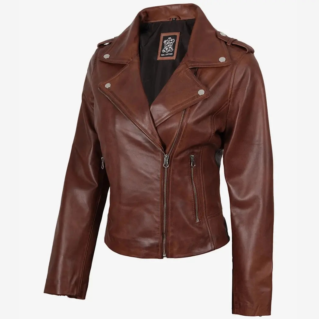 Women's Distressed Asymmetrical Cognac Biker Style Leather Jacket