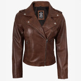 Women's Distressed Asymmetrical Cognac Biker Style Leather Jacket