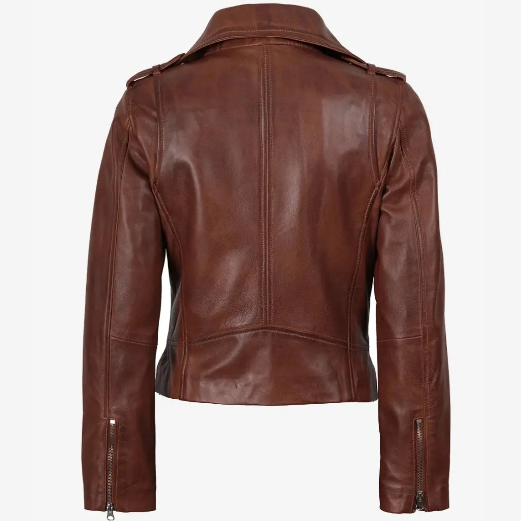 Women's Distressed Asymmetrical Cognac Biker Style Leather Jacket