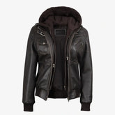 Women's Distressed Brown Bomber Leather Jacket with Removable Hooded