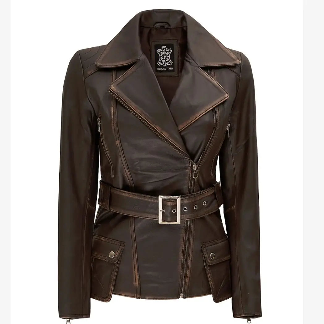 Women's Distressed Brown Long Biker Style Real Leather Jacket