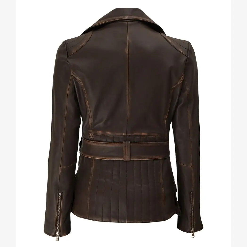 Women's Distressed Brown Long Biker Style Real Leather Jacket