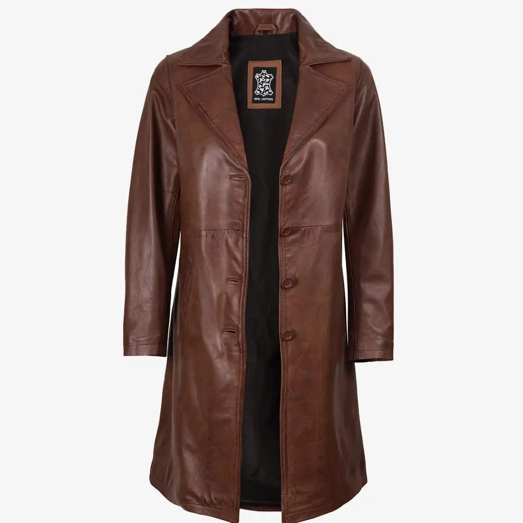 Women's Mid Length Cognac Waxed Real Lambskin Leather Coat