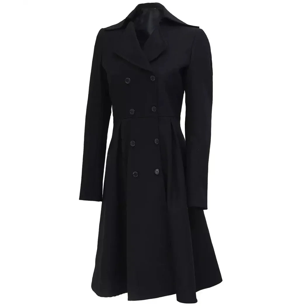 Women's Double Breasted Black Wool Trench Coat