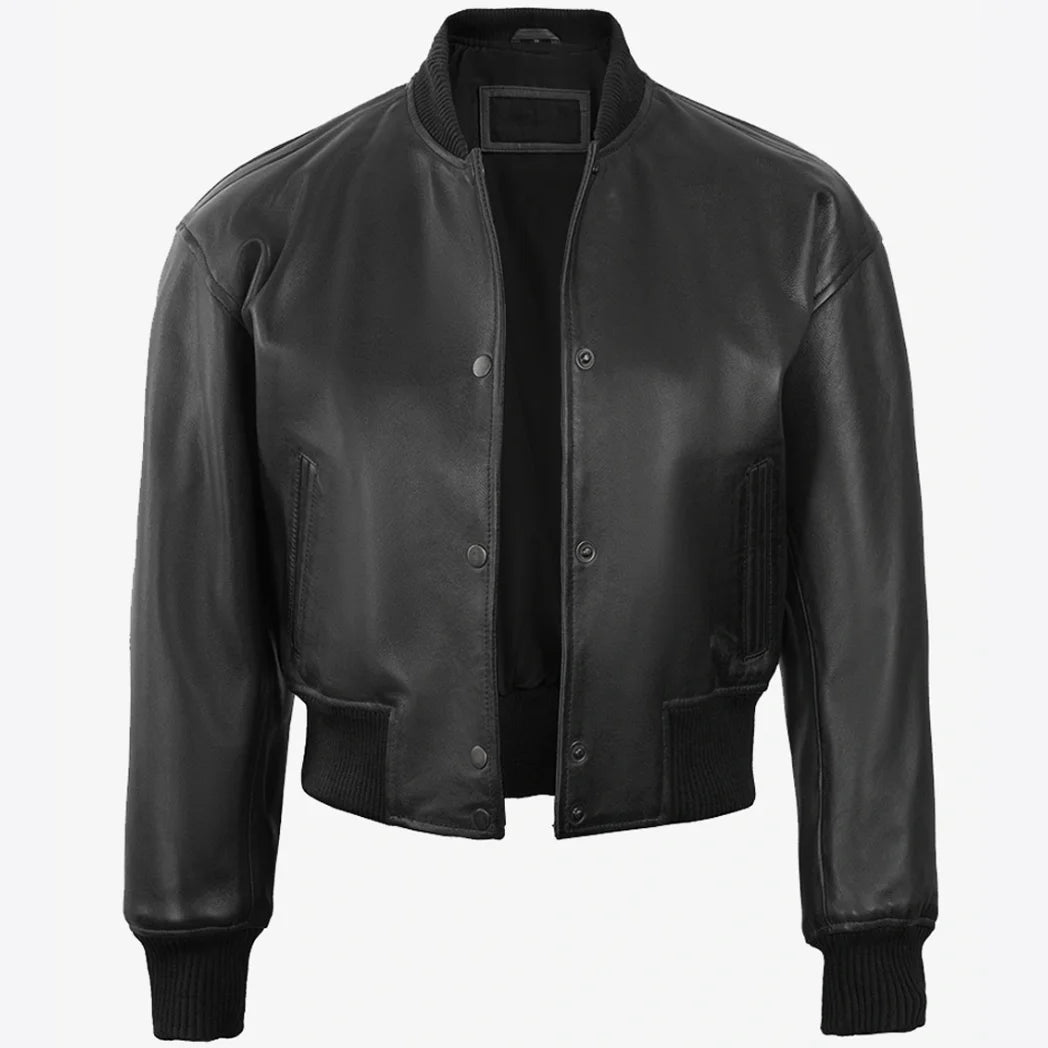 Women's Drop Shoulder Black Cropped Style Bomber Leather Jacket