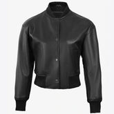 Women's Drop Shoulder Black Cropped Style Bomber Leather Jacket