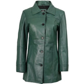 Women's Green Real Leather 3/4 Length Car Coat