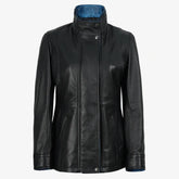 Women's High-Collar Black Leather Jacket With Blue Details