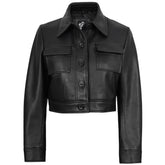 Women's Leather Black Cropped Trucker Jacket