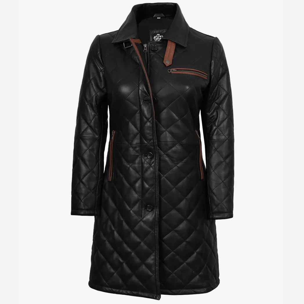 Women's Leather Black Quilted Car Coat with Brown Detailing