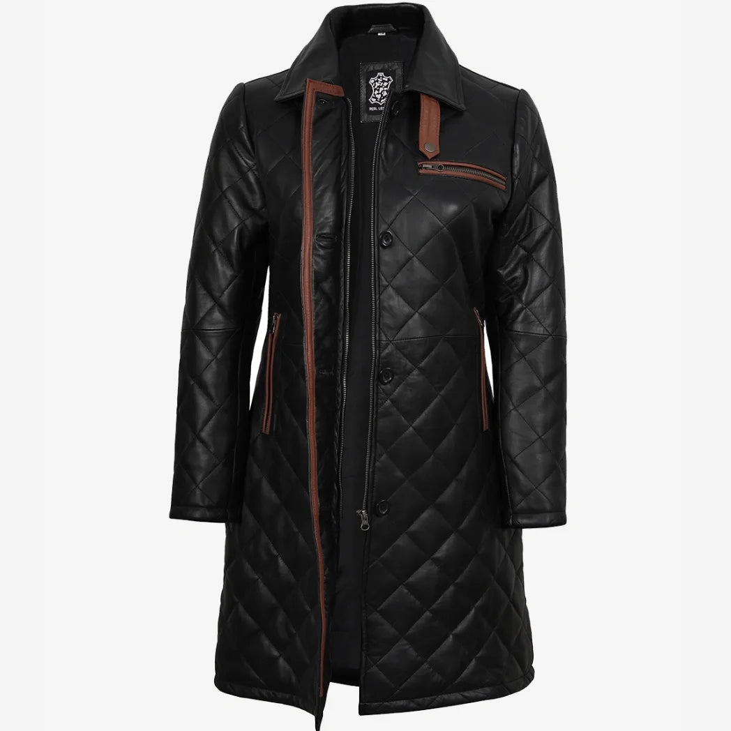 Women's Leather Black Quilted Car Coat with Brown Detailing