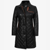 Women's Leather Black Quilted Car Coat with Brown Detailing