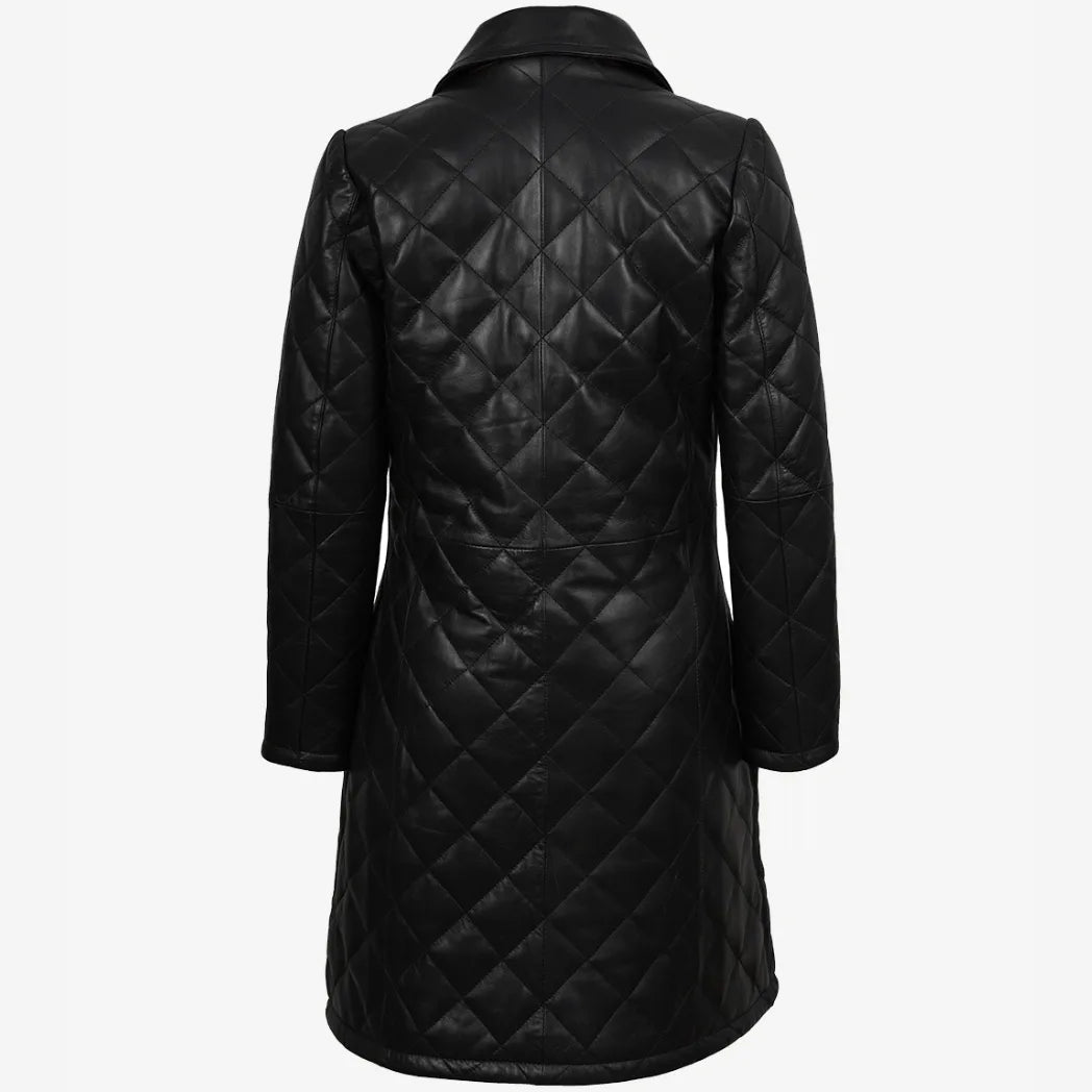 Women's Leather Black Quilted Car Coat with Brown Detailing