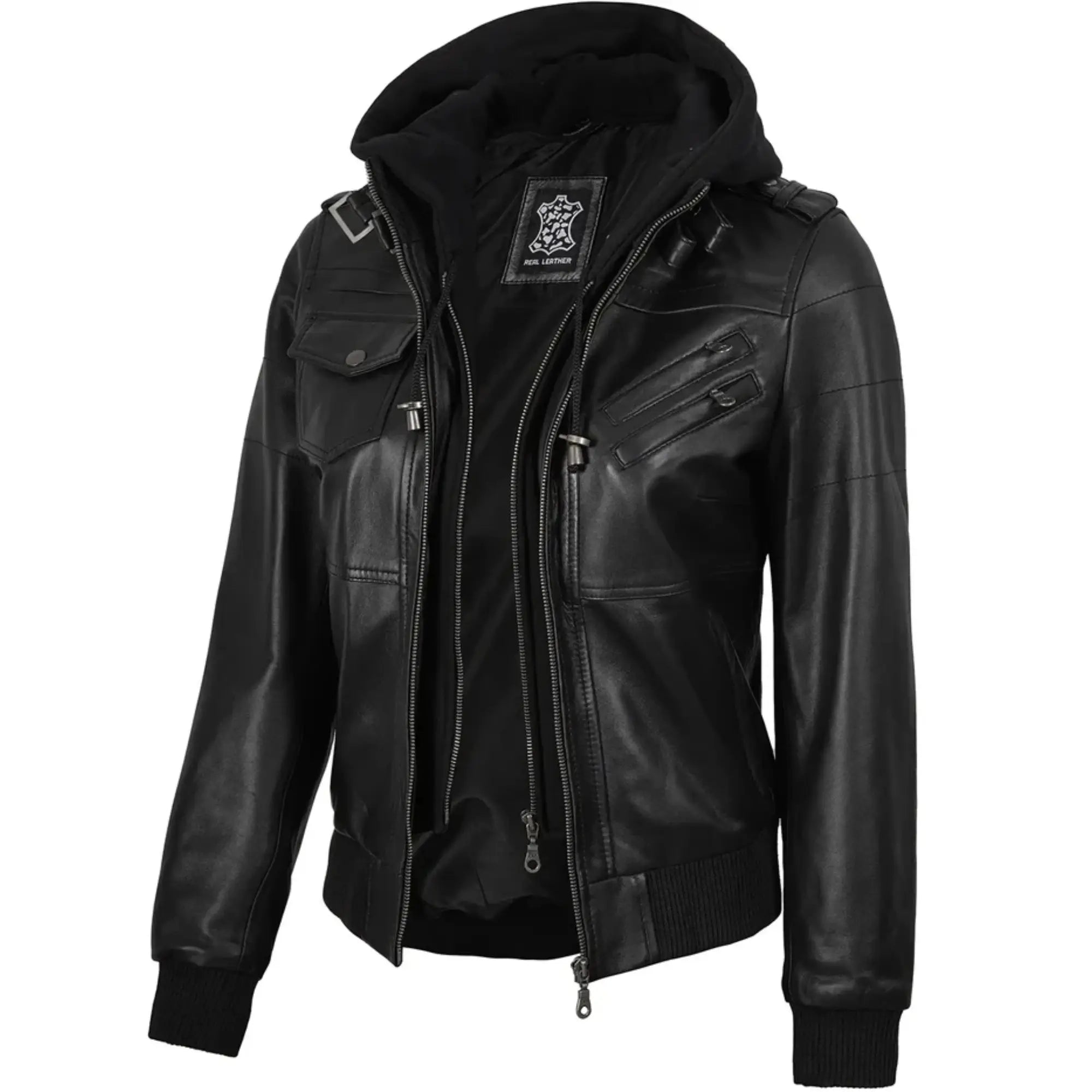 Women’s Leather Bomber Black Jacket with Removable Hood