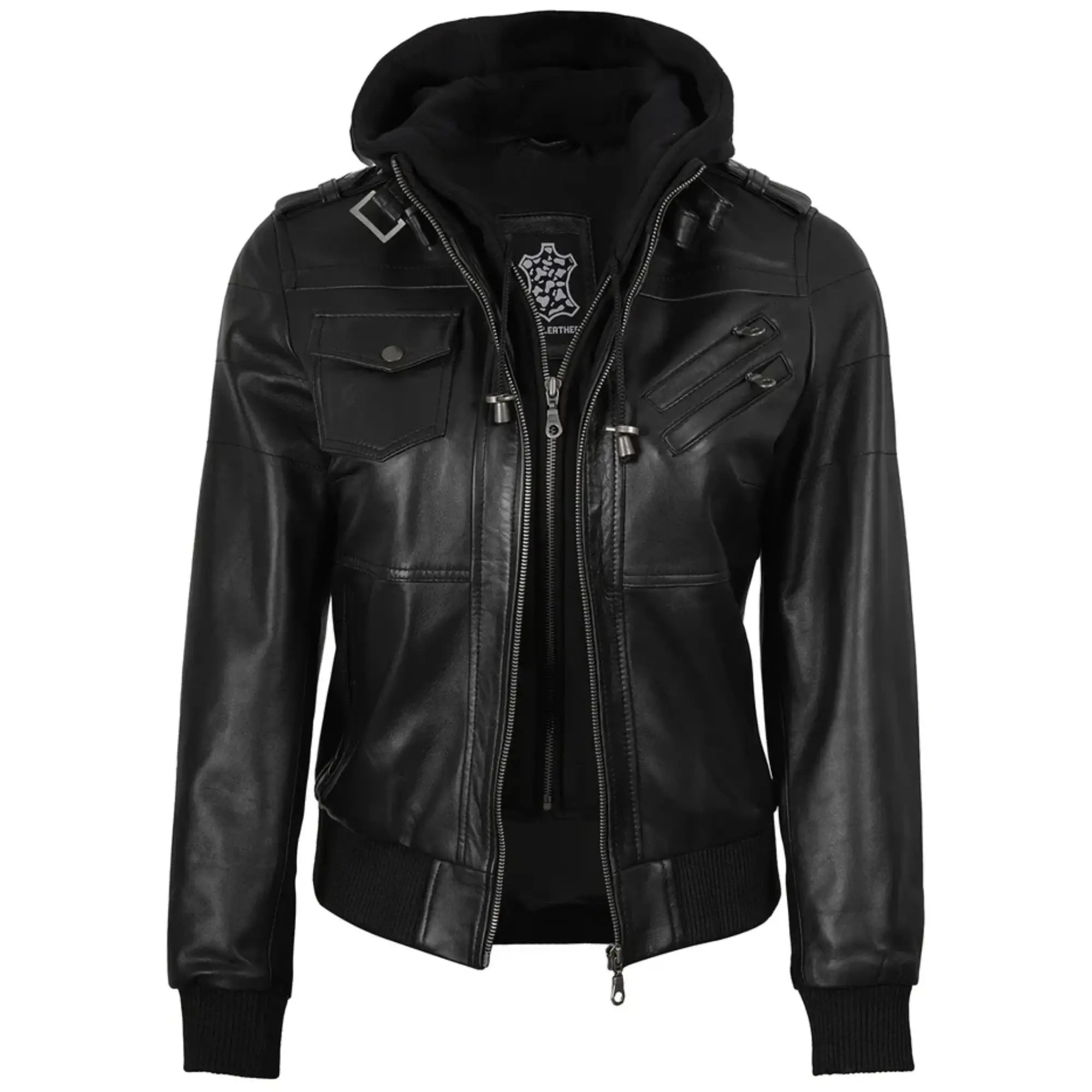 Women’s Leather Bomber Black Jacket with Removable Hood