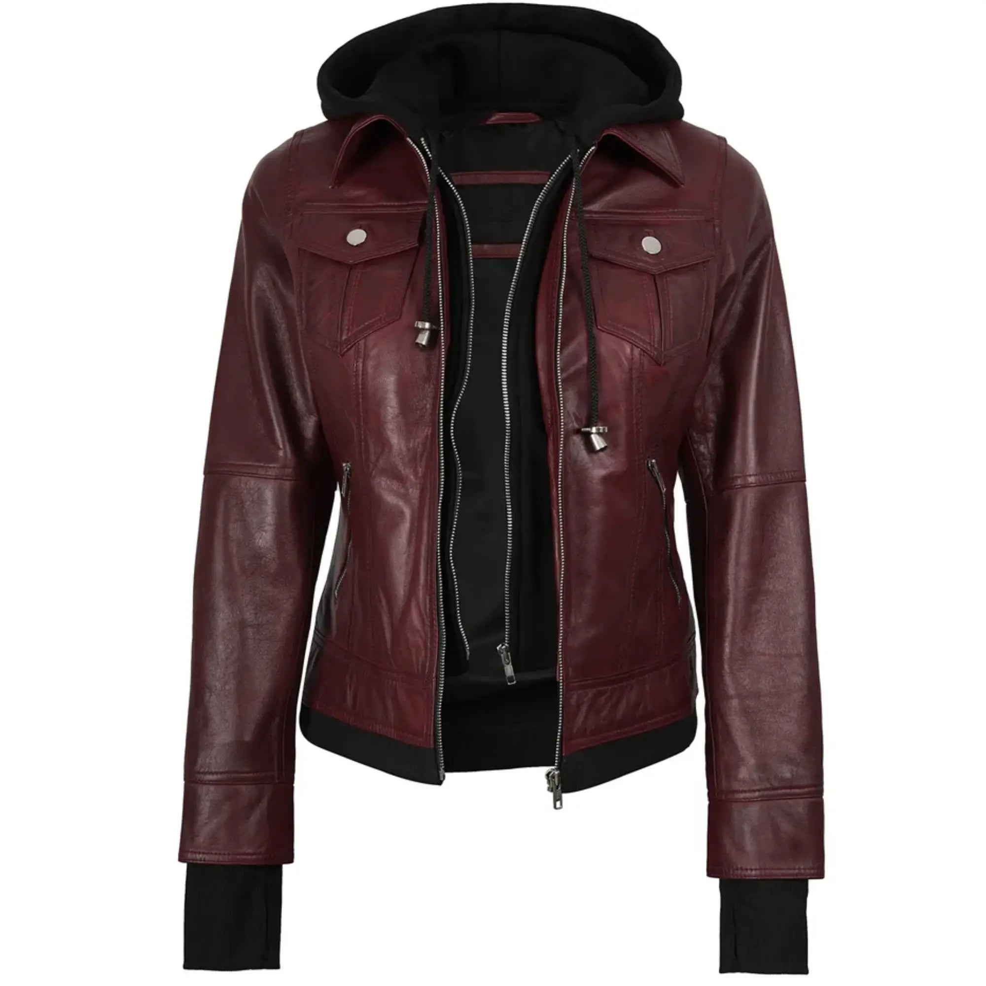 Womens Leather Bomber Burgundy Jacket with Removable Hood