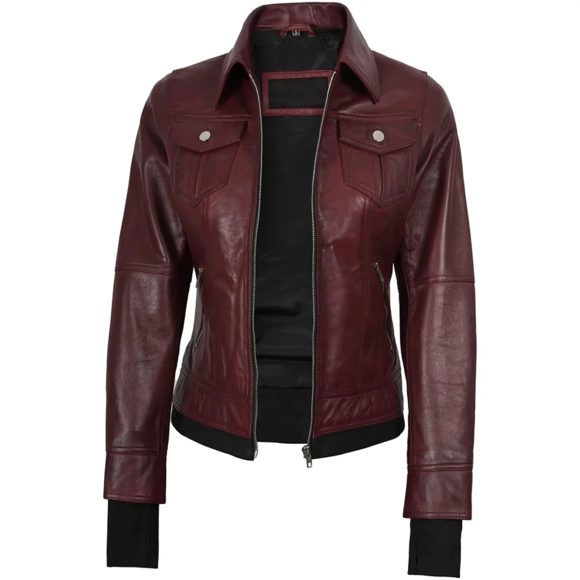 Womens Leather Bomber Burgundy Jacket with Removable Hood