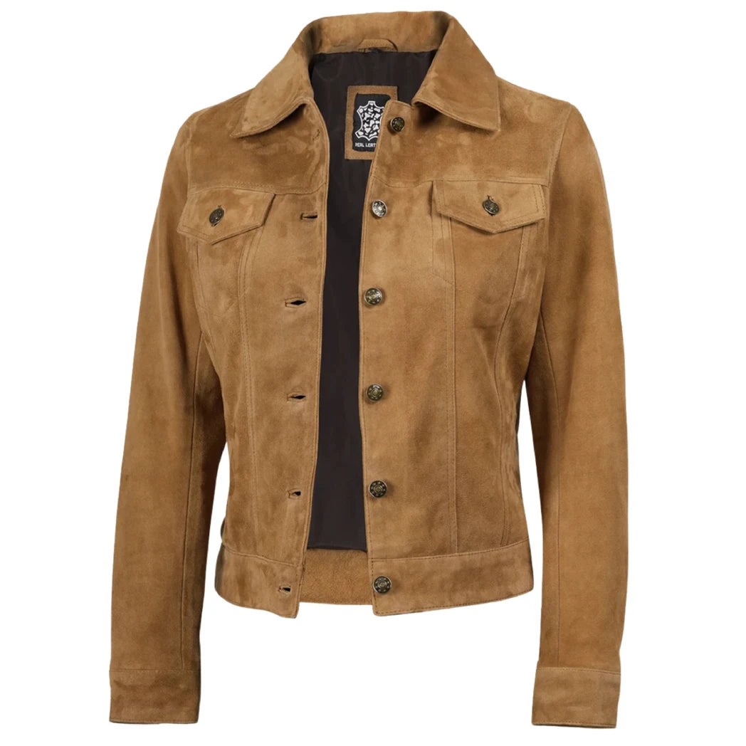 Women's Light Brown Suede Leather Trucker Jacket