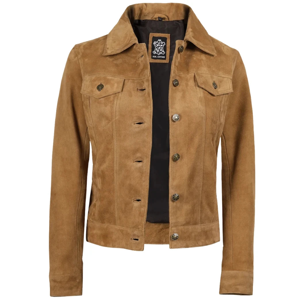 Women's Light Brown Suede Leather Trucker Jacket