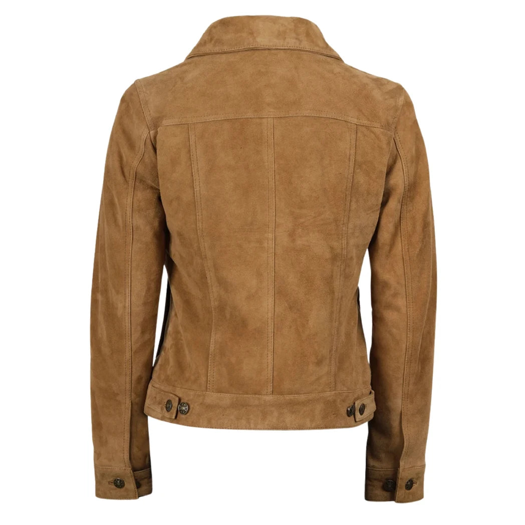 Women's Light Brown Suede Leather Trucker Jacket