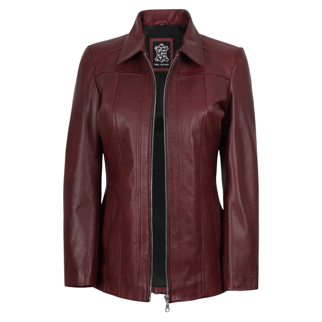 Women's Maroon Sheepskin Leather Car Coat